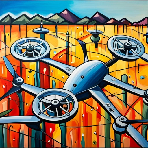 Create a colorful, abstract expressionist painting of a drone inspired by Jackson Pollock.